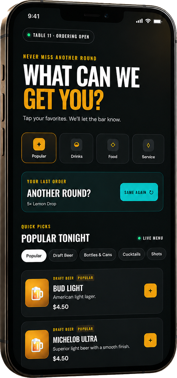 Customer ordering screen showing What can we get you